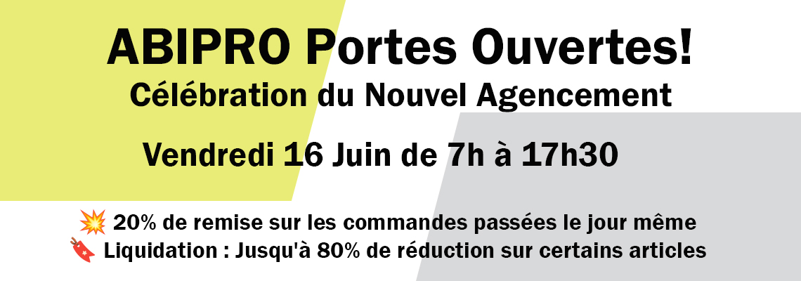 Magasin ABIPRO avec des pancartes annonçant une vente de liquidation et une réduction de 20-30% sur les produits en stock lors des portes ouvertes.