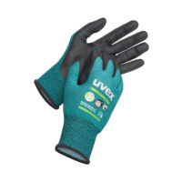 Une paire de gants de protection uvex Bamboo TwinFlex D xg, résistant aux coupures et fabriqués avec des fibres de bambou et des matériaux durables.