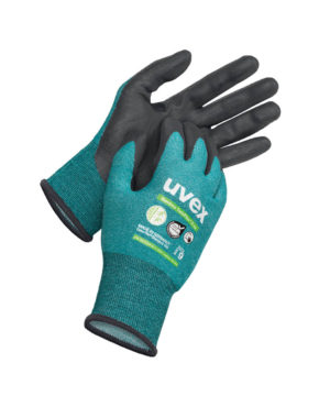 Une paire de gants de protection uvex Bamboo TwinFlex D xg, résistant aux coupures et fabriqués avec des fibres de bambou et des matériaux durables.