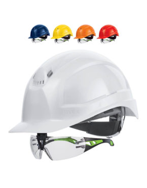 Casque de protection UveX Pheos IES dans cinq couleurs: blanc, rouge, jaune, bleu, et orange, alignés côte à côte sur un fond neutre.