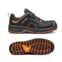 Chaussure de sécurité SG73003 Griffin 2 Low de Solid Gear, vue latérale et semelle, noir et orange, norme S3S