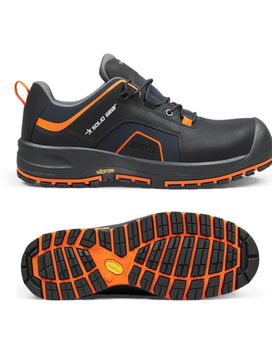 Chaussure de sécurité SG73003 Griffin 2 Low de Solid Gear, vue latérale et semelle, noir et orange, norme S3S