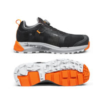 Chaussure de sécurité basse SG80126 Haze 2 Fly de Solid Gear en noir, blanc et orange, vue latérale et semelle.