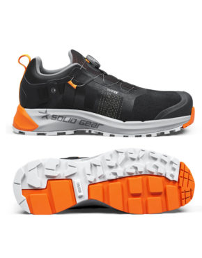 Chaussure de sécurité basse SG80126 Haze 2 Fly de Solid Gear en noir, blanc et orange, vue latérale et semelle.