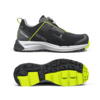 Chaussure de sécurité basse Solid Gear SG80125 Haze 2 Low noire avec détails jaune fluo, semelle Vibram, modèle léger et sportif pour professionnels.