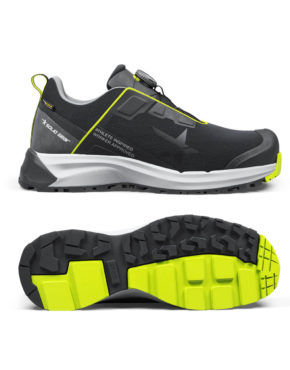 Chaussure de sécurité basse Solid Gear SG80125 Haze 2 Low noire avec détails jaune fluo, semelle Vibram, modèle léger et sportif pour professionnels.