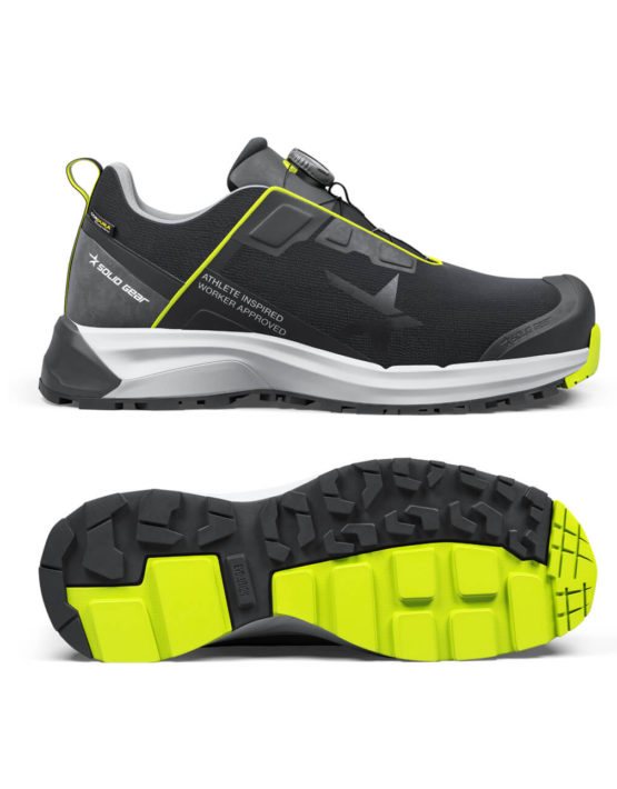 Chaussure de sécurité basse Solid Gear SG80125 Haze 2 Low noire avec détails jaune fluo, semelle Vibram, modèle léger et sportif pour professionnels.