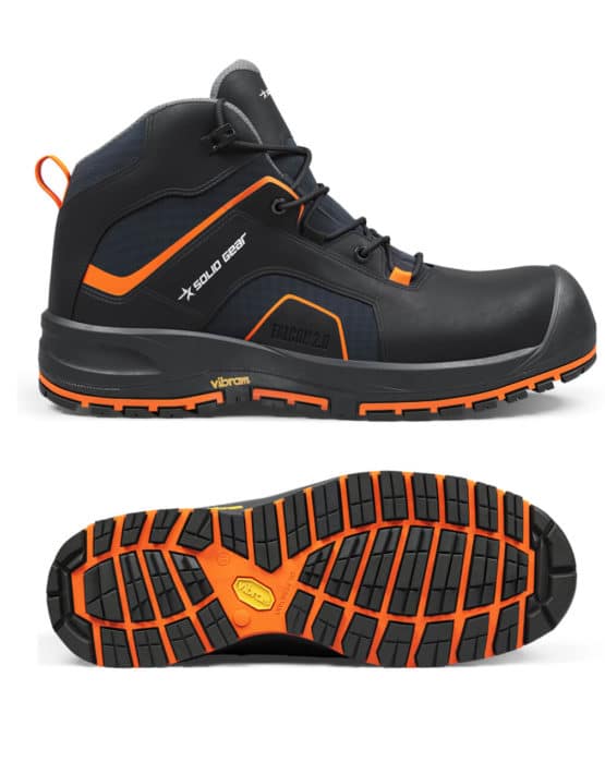 Chaussure de sécurité montante SG73004 Falcon 2 Mid Solid Gear – vue latérale et semelle Vibram®